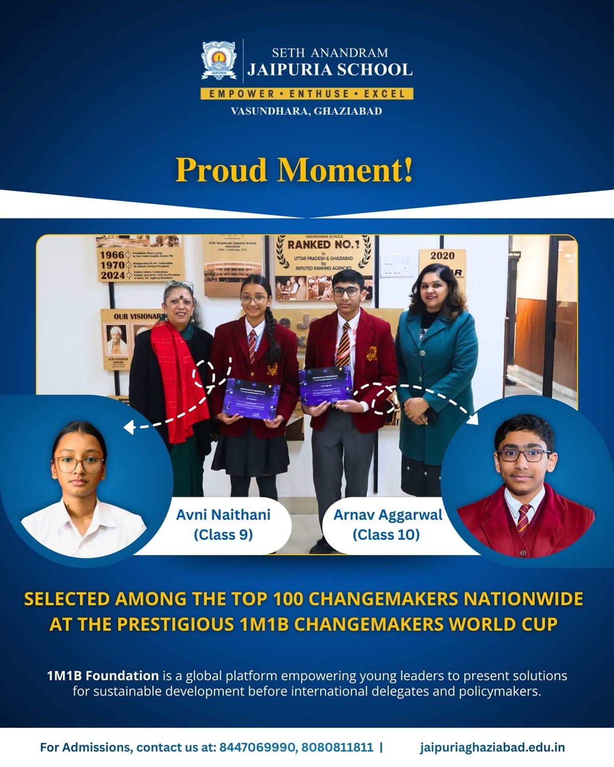 National Pride: Jaipuria Students Avni Naithani & Arnav Aggarwal Selected Among Top 100 at 1M1B Changemakers World Cup