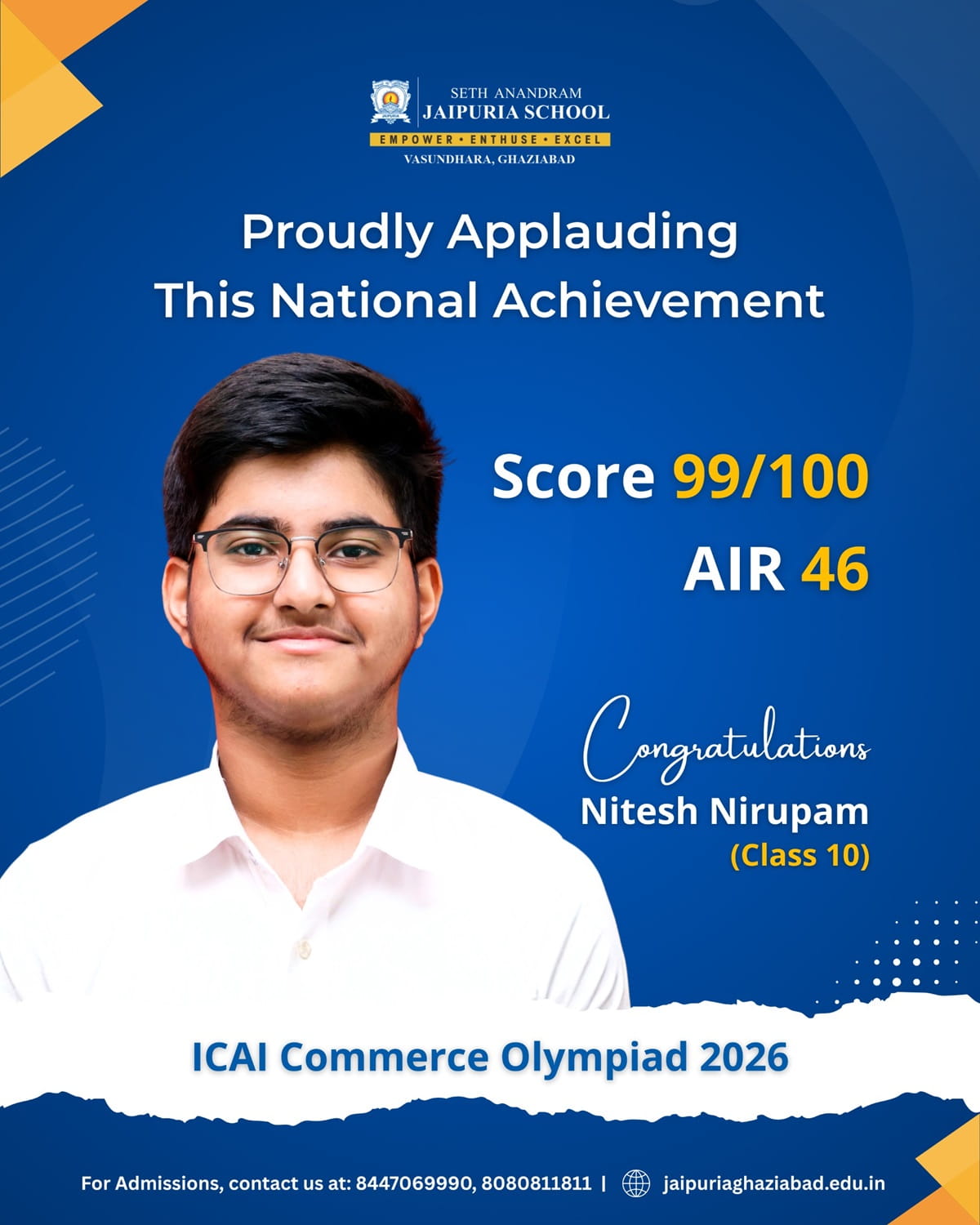 Proud Moment! Nitesh Nirupam (Class 10) Scores 99/100, Secures AIR 46