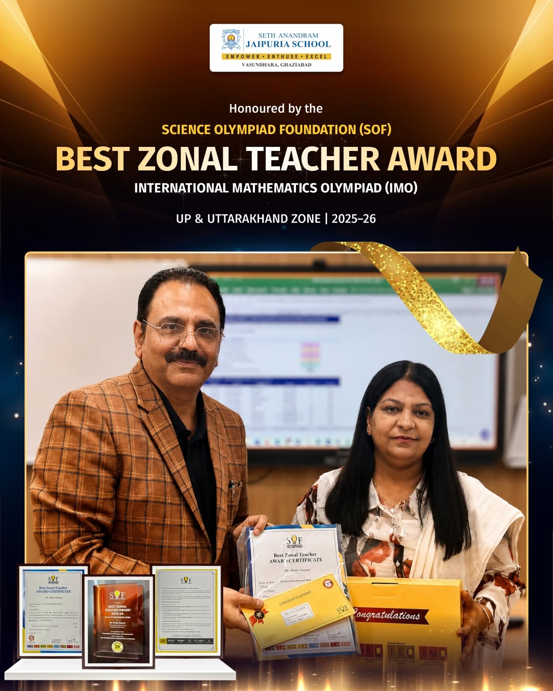 Ms. Pooja Nayyar Honoured with SOF Best Zonal Teacher Award