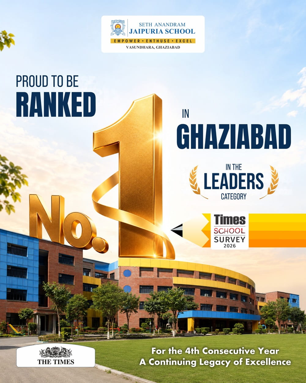 Seth Anandram Jaipuria School, Vasundhara Ranked No. 1 in Ghaziabad by Times School Survey 2026